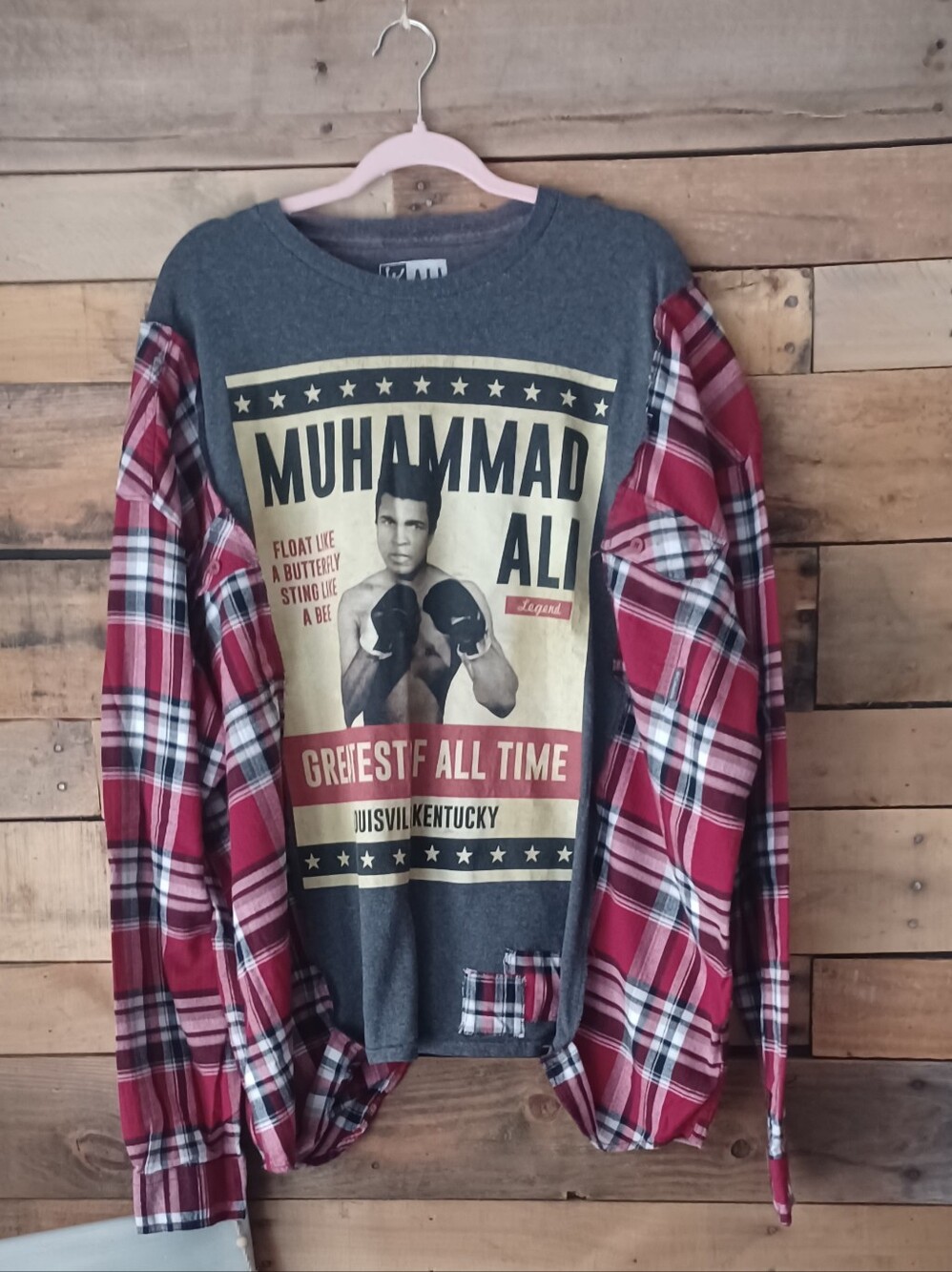 Upcycled Muhammad Ali Graphic Plaid Sleeve Men's Shirt - Red/Gray - Picture 4 of 9